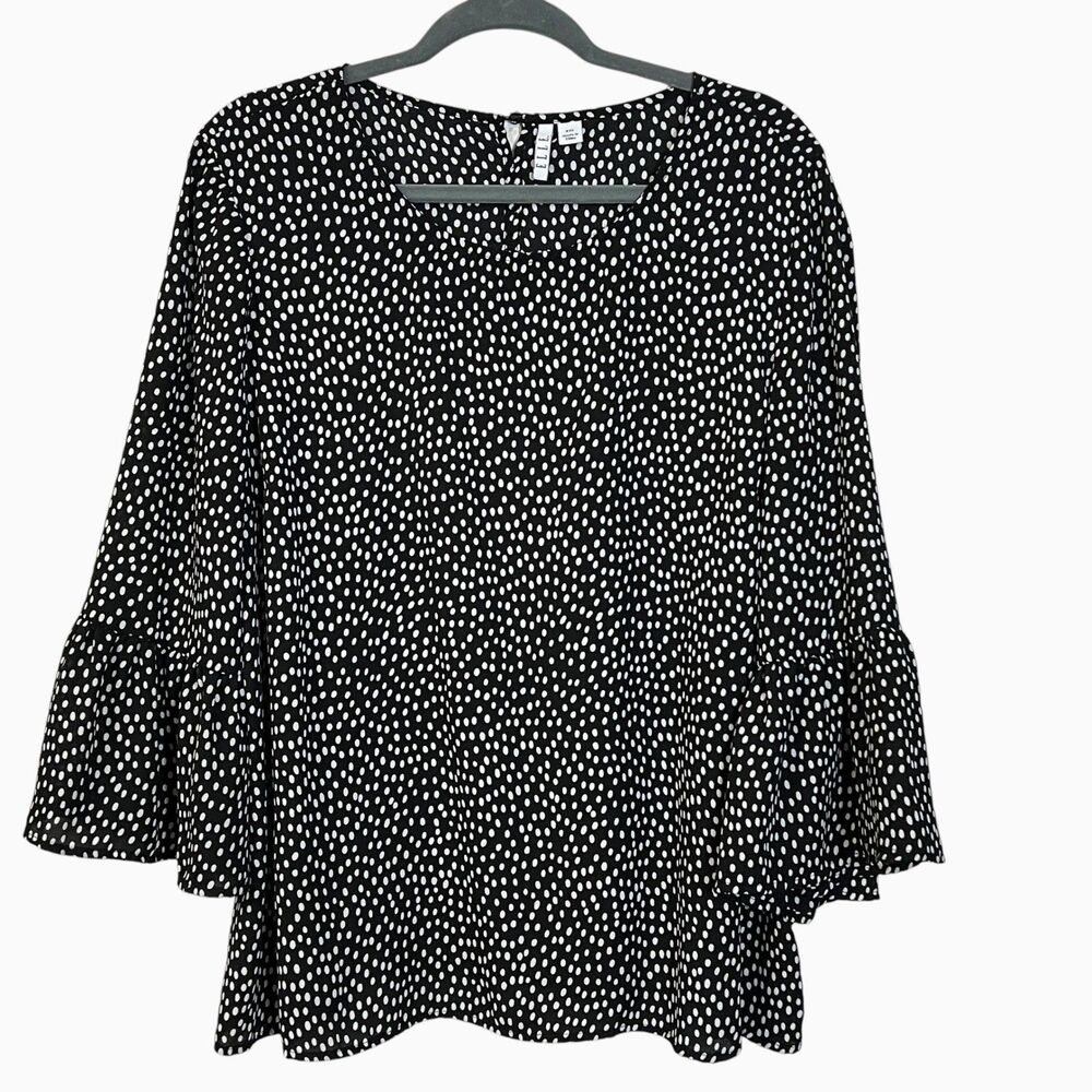 ELLE Womens XXL Black White Polka Dot Ruffle Bell Sleeve Blouse Top Neutral
